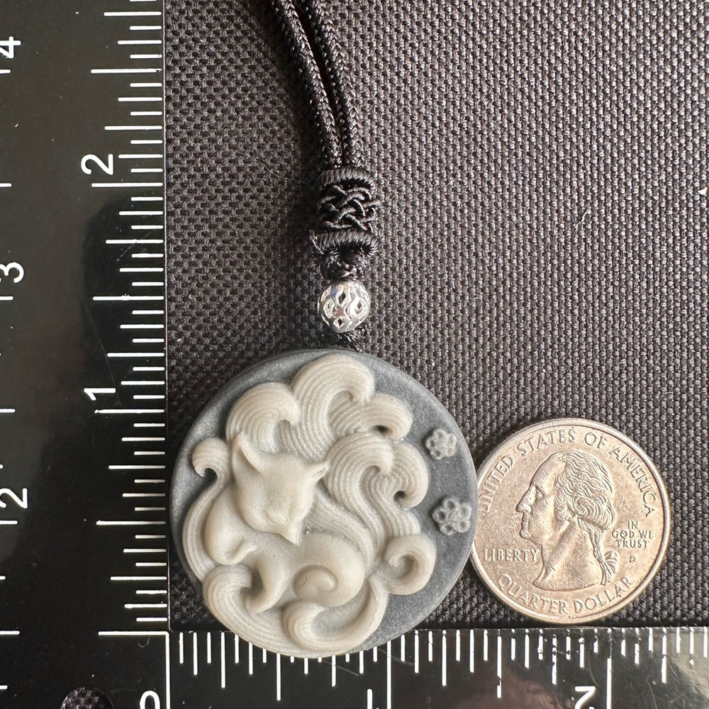 Tai Chi Stone Nine Tail Fox Pendant on Black Adjustable Rope - Picture 12 of 15